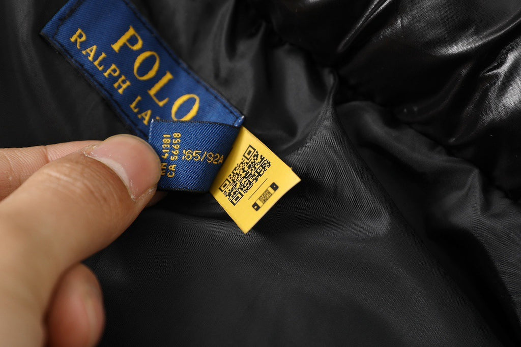 Polo puffer jacket brand label detail