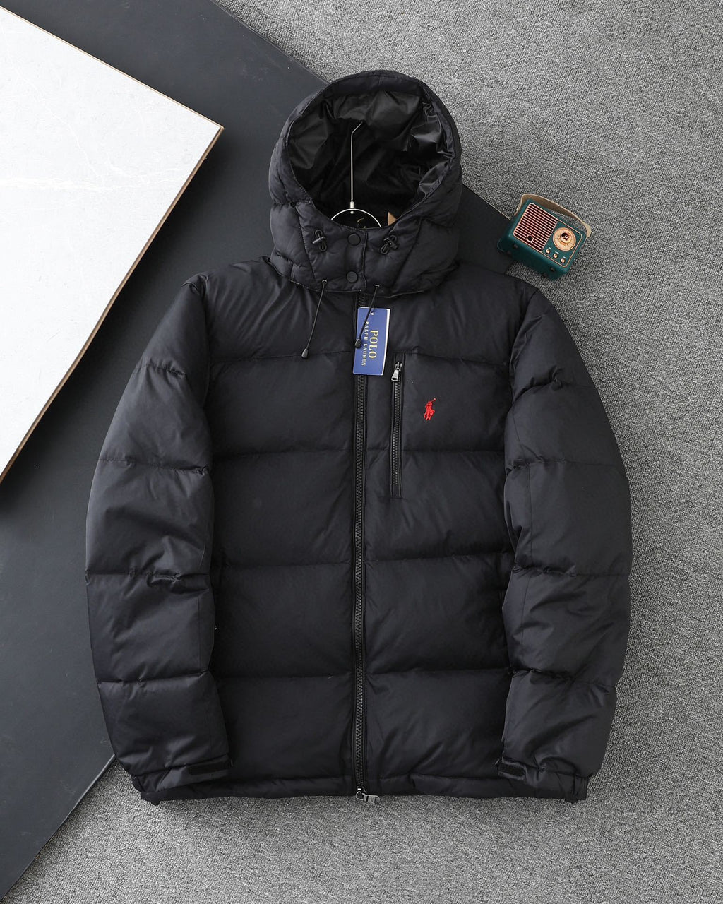 Black Polo puffer jacket front view