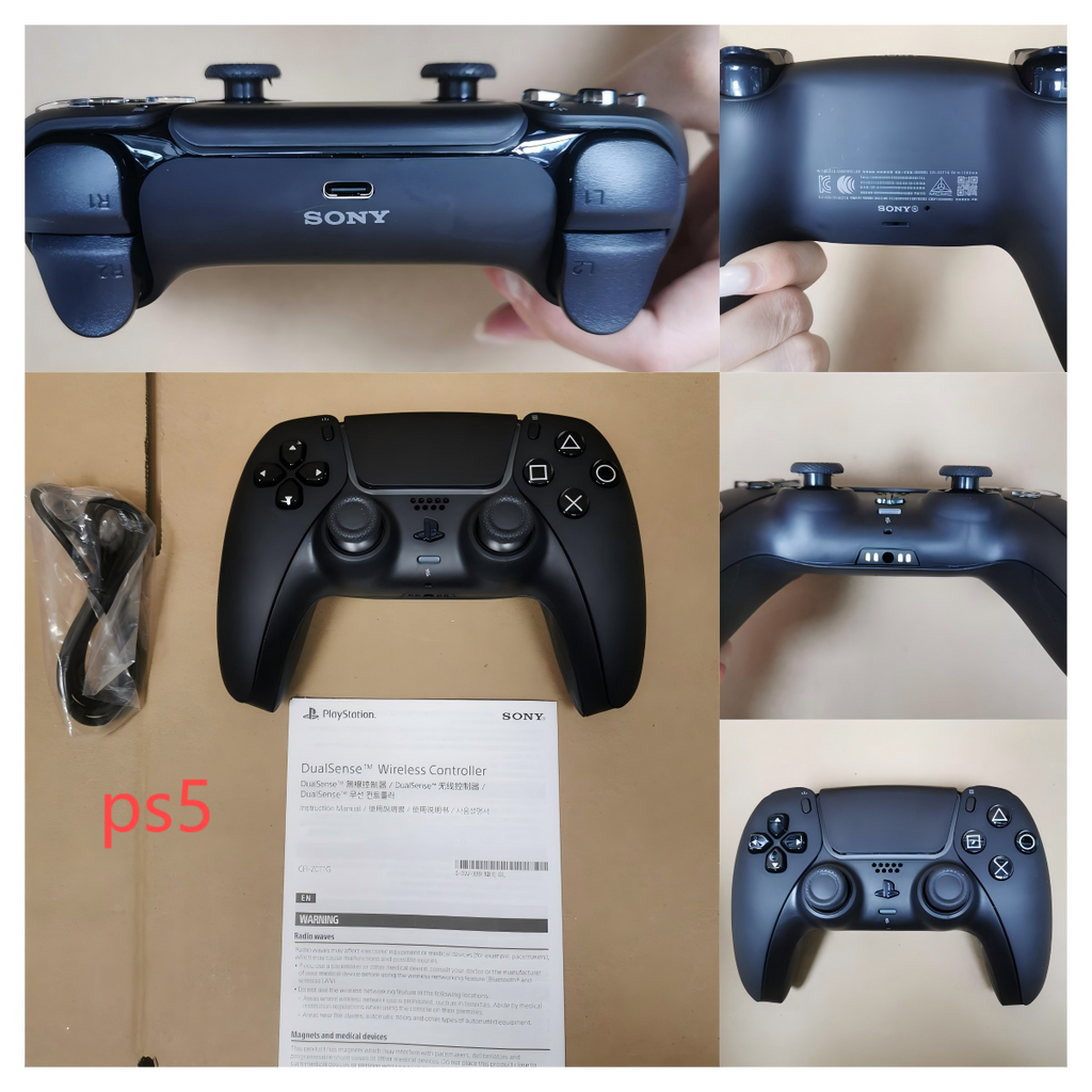 White PS5 DualSense controller with box, cable, and multiple views