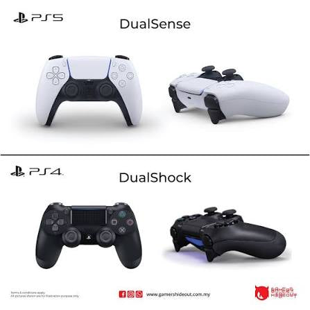 PS5 DualSense and PS4 DualShock controllers shown together