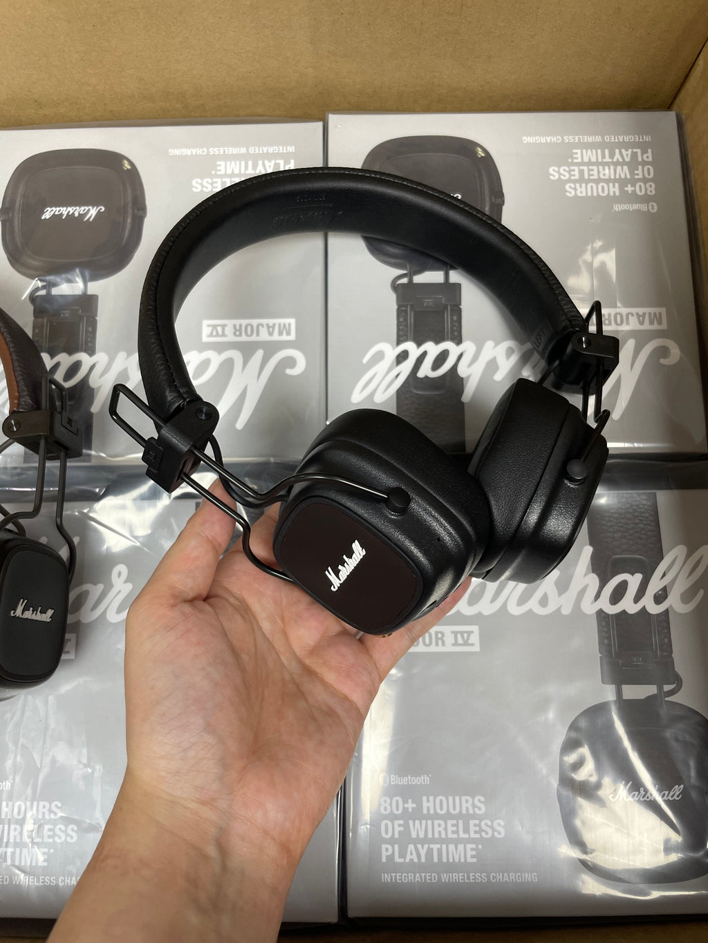 Close-up of Marshall Major IV headphone label and ear cushion