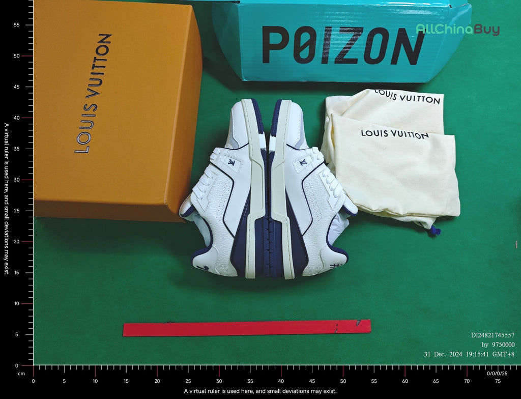 Rear view of Louis Vuitton trainer sneakers with packaging