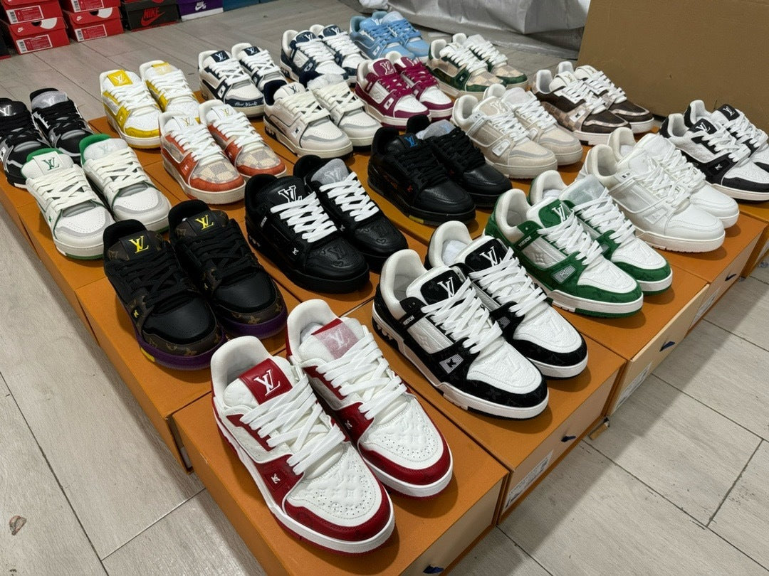 Louis Vuitton trainer sneaker pair with measurement reference