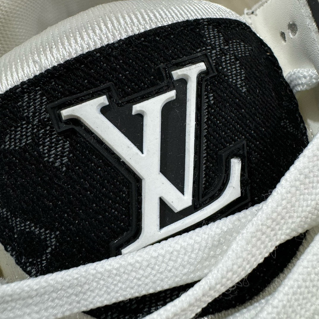Black and white Louis Vuitton trainer sneaker side view