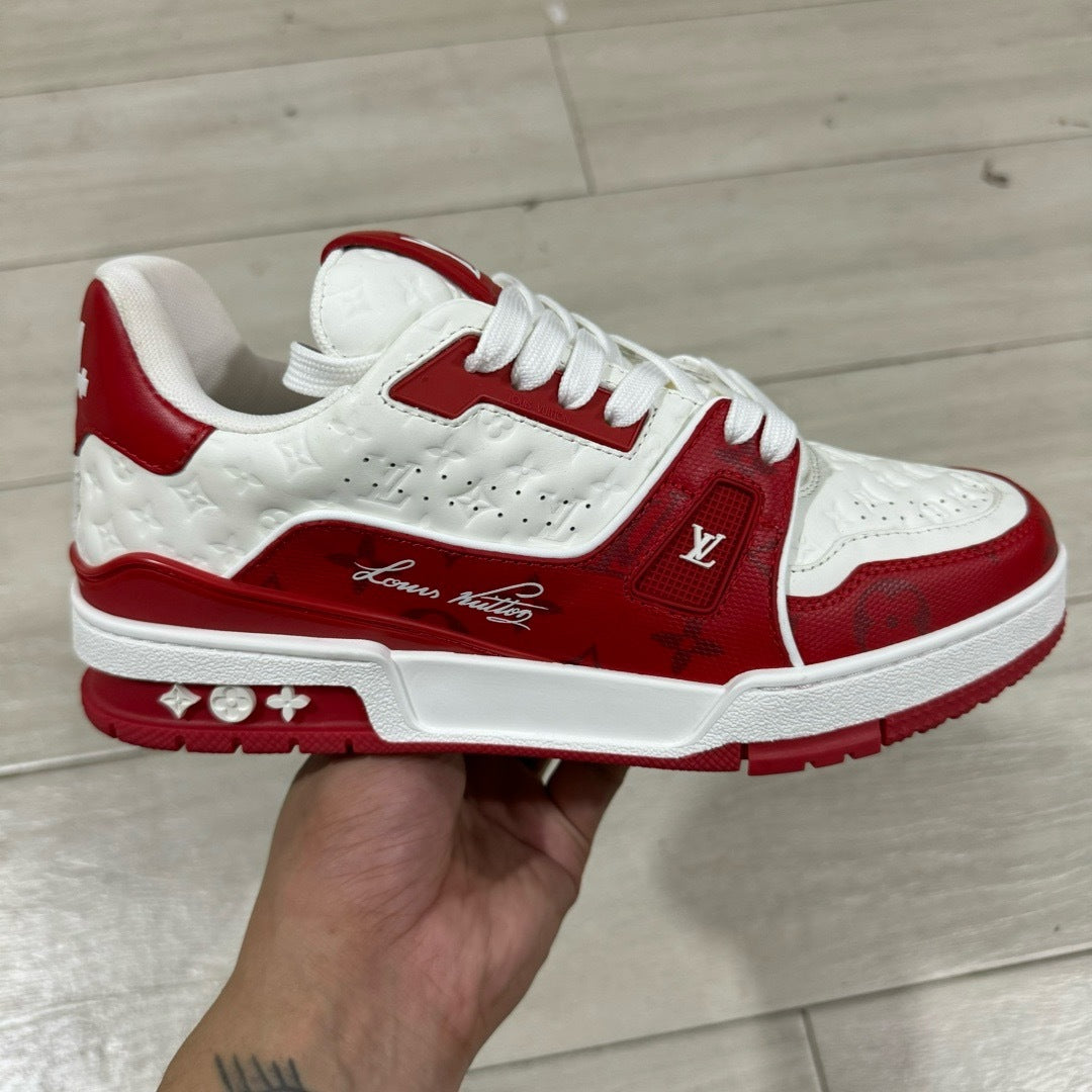 Close-up of Louis Vuitton trainer sneaker branding