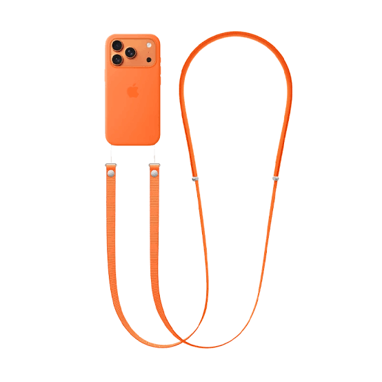 Orange crossbody phone strap on a white background