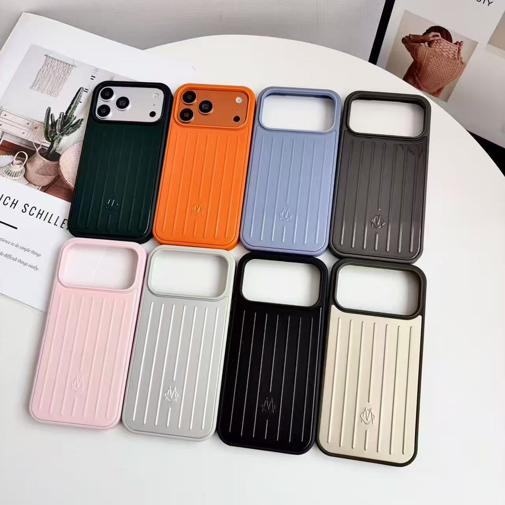 Luggage-style iPhone 17 Pro Max cases in green, orange, light blue, gray, pink, silver, black, and cream