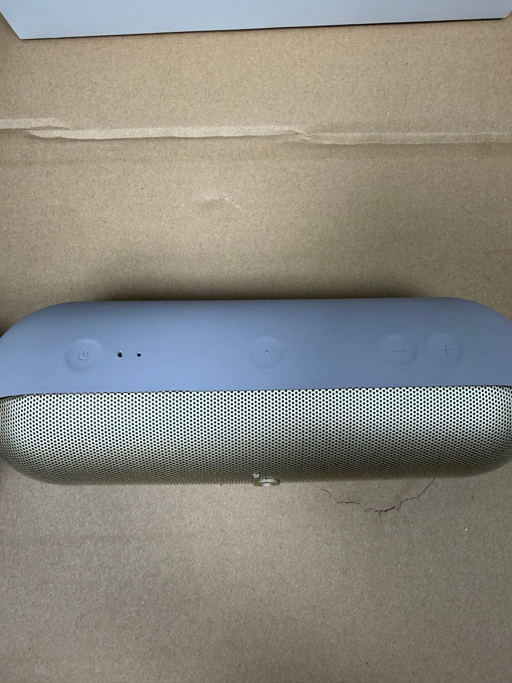 Beats Pill portable speaker close-up in a light metallic finish