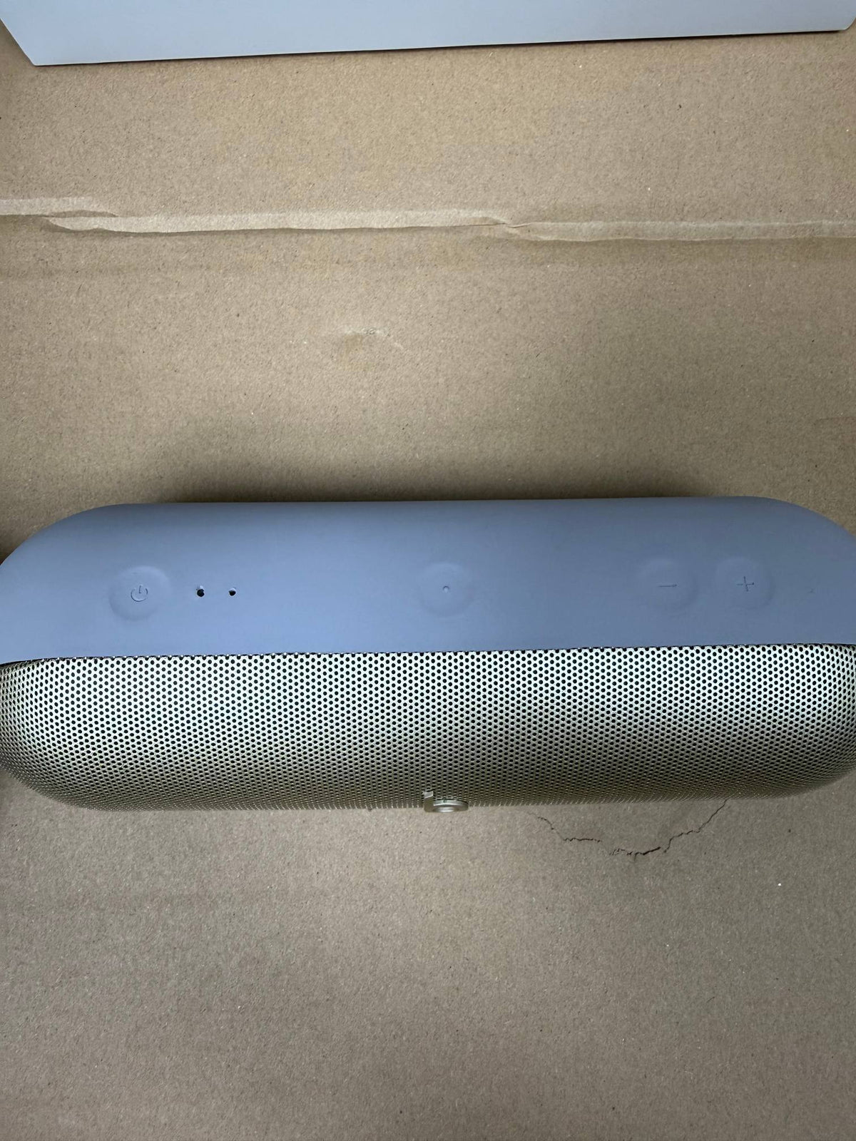 Beats Pill portable speaker close-up in a light metallic finish