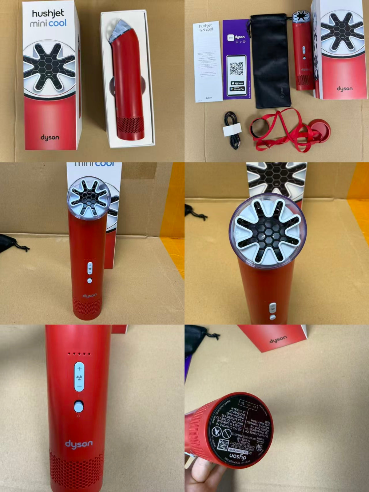 Dyson HushJet Mini Cool in red, white, and navy
