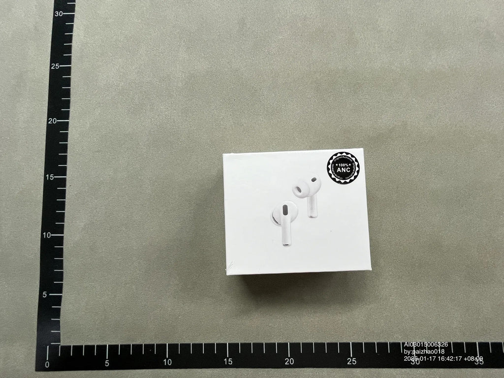 AirPods Pro 3 box photographed with a measuring ruler