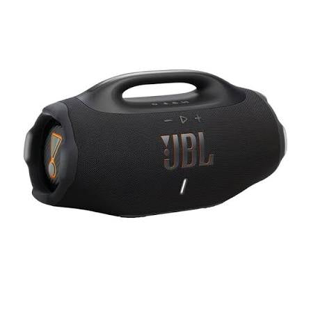 Black JBL Boombox 4 portable Bluetooth speaker on a white background