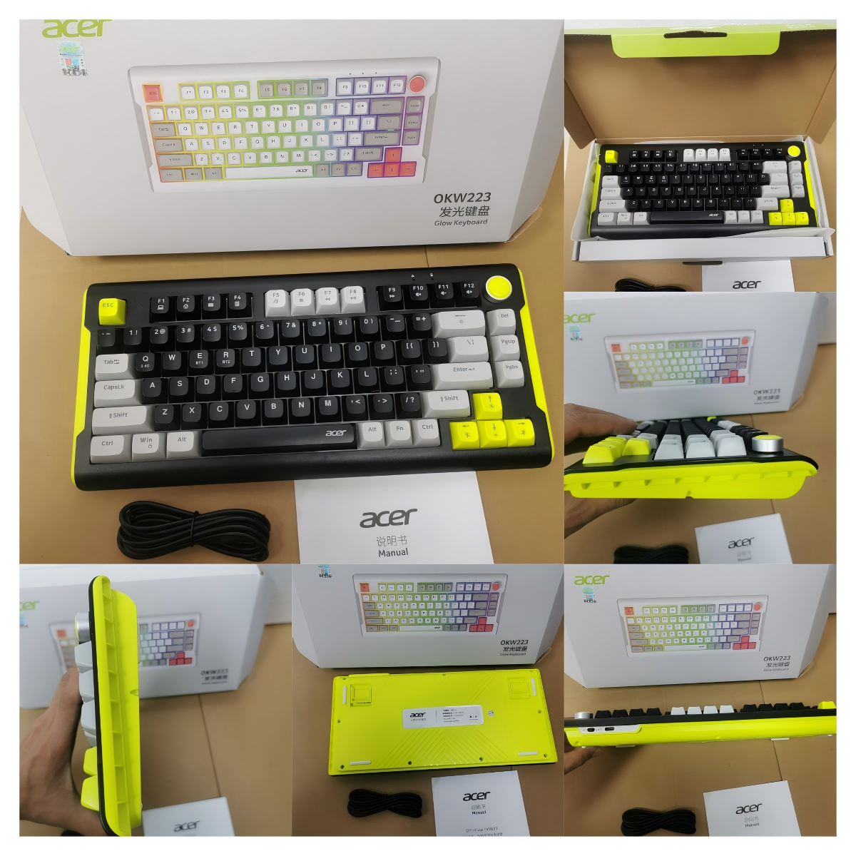 Acer OCC205 wired keyboard and mouse set with white keys, packaging and detail photos