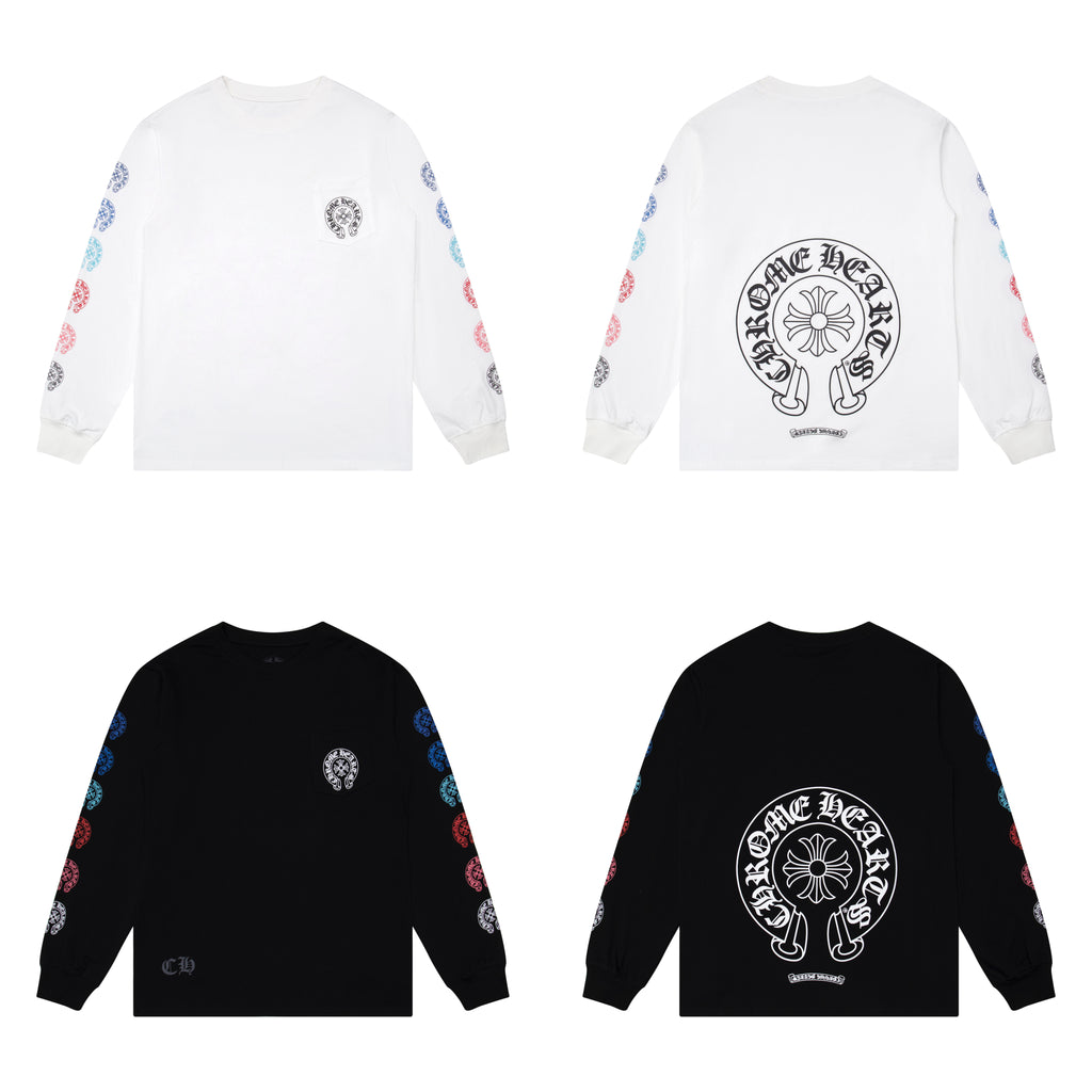 Black and white graphic long-sleeve T-shirts shown from front and back