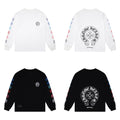 Black and white graphic long-sleeve T-shirts shown from front and back