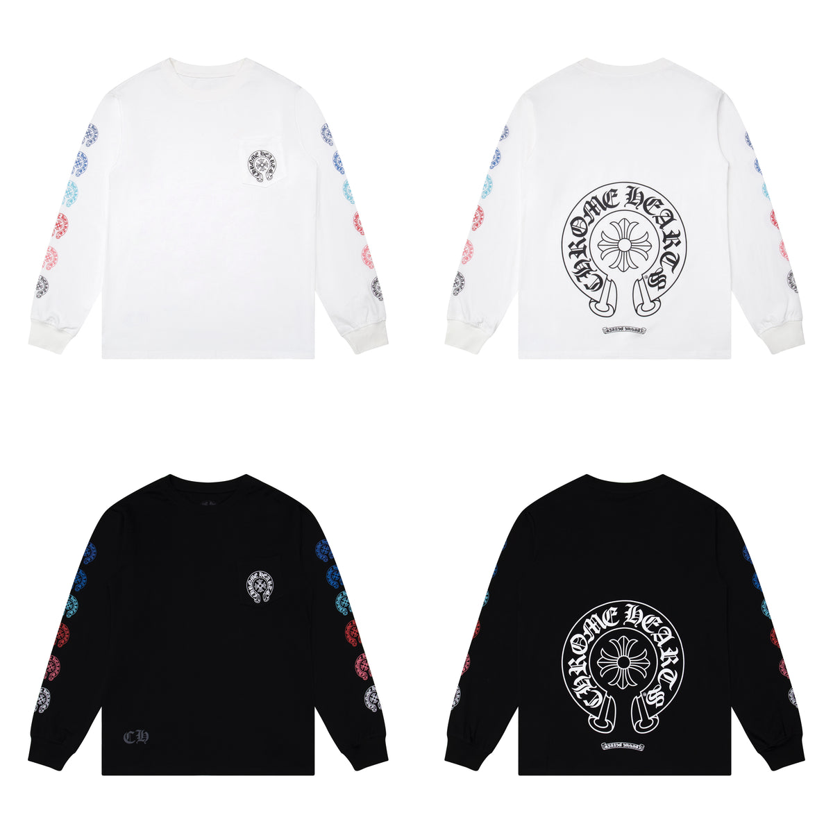 Black and white graphic long-sleeve T-shirts shown from front and back
