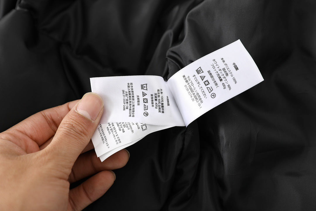 Polo puffer jacket care label