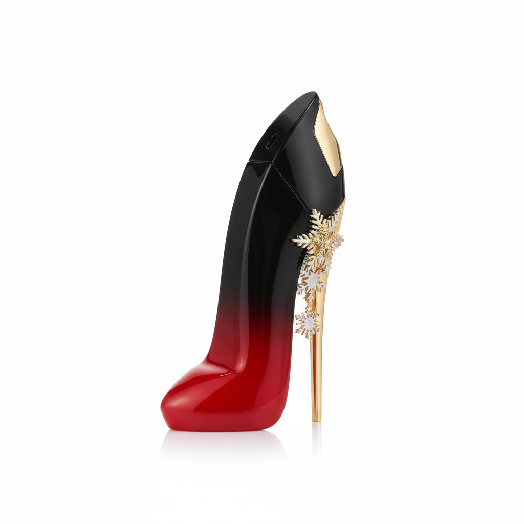 Red and black high heel perfume bottle on a white background